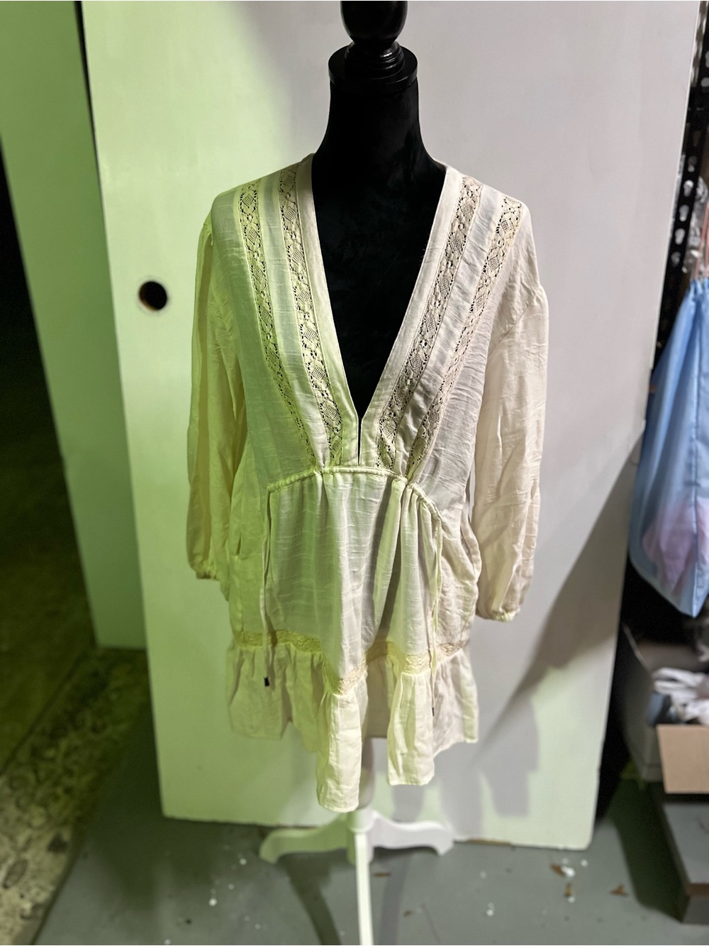 FREE PEOPLE Boho V-Neck Cream Lace-Trim Tunic Top